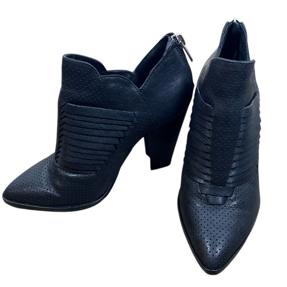 Vince Camuto Black Perforated Leather Pointed Toe Heeled Boots Levana Size 5